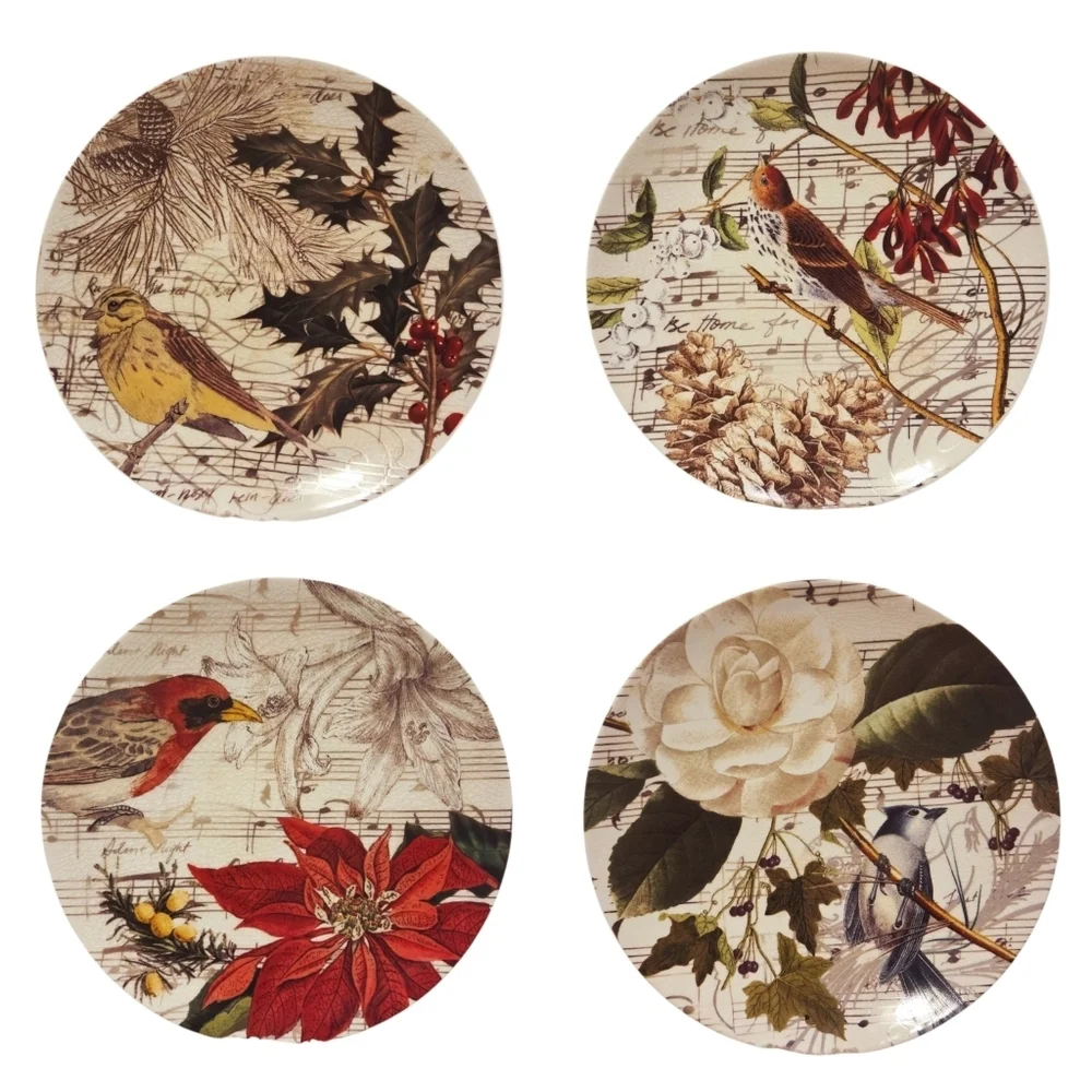 Pottery Barn Set Of 4 Christmas SongBirds Decoupage Salad‎ Dessert App Plates